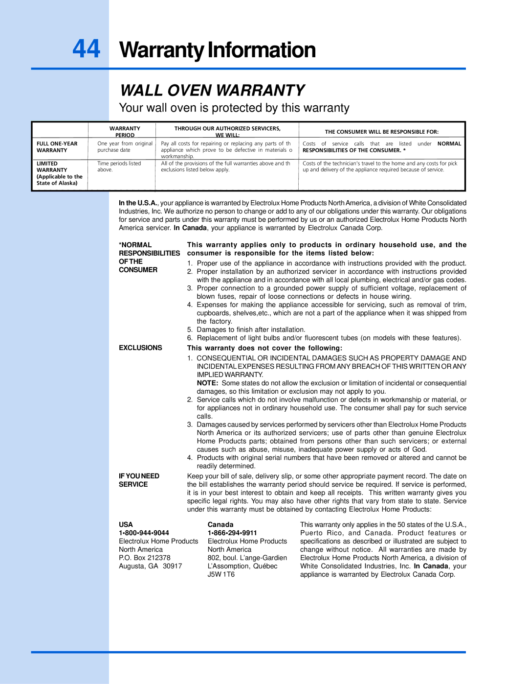 Electrolux E30EW85GSS manual Warranty Information, Wall Oven Warranty 