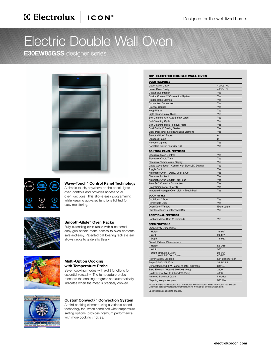 Electrolux E30EW85GSS specifications Wave-Touch Control Panel Technology, Smooth-Glide Oven Racks, electroluxicon.com 
