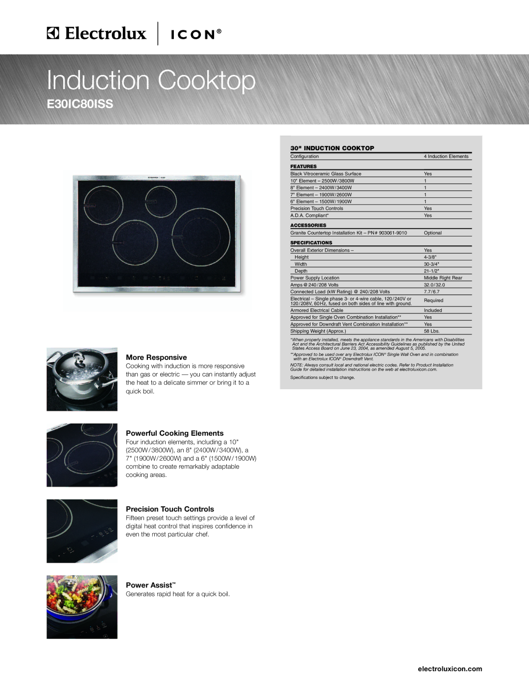 Electrolux E36IC80ISS specifications More Responsive, Powerful Cooking Elements, Precision Touch Controls, Power Assist 