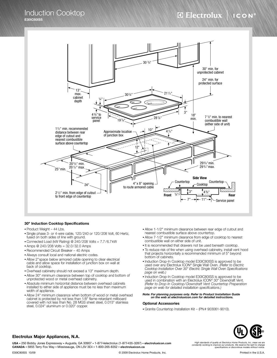 Electrolux E36GC70ISS, E30GC70ISS, E36IC80ISS Side View, Front, Induction Cooktop Specifications, Optional Accessories 