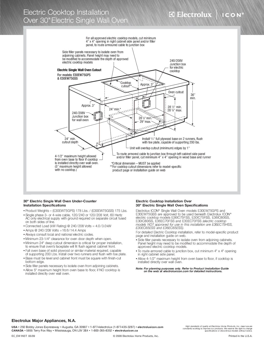 Electrolux E30IC80ISS, E30GC70ISS, E36IC80ISS Electric Single Wall Oven Cutout, For models E30EW75GPS, E30EW75GSS 