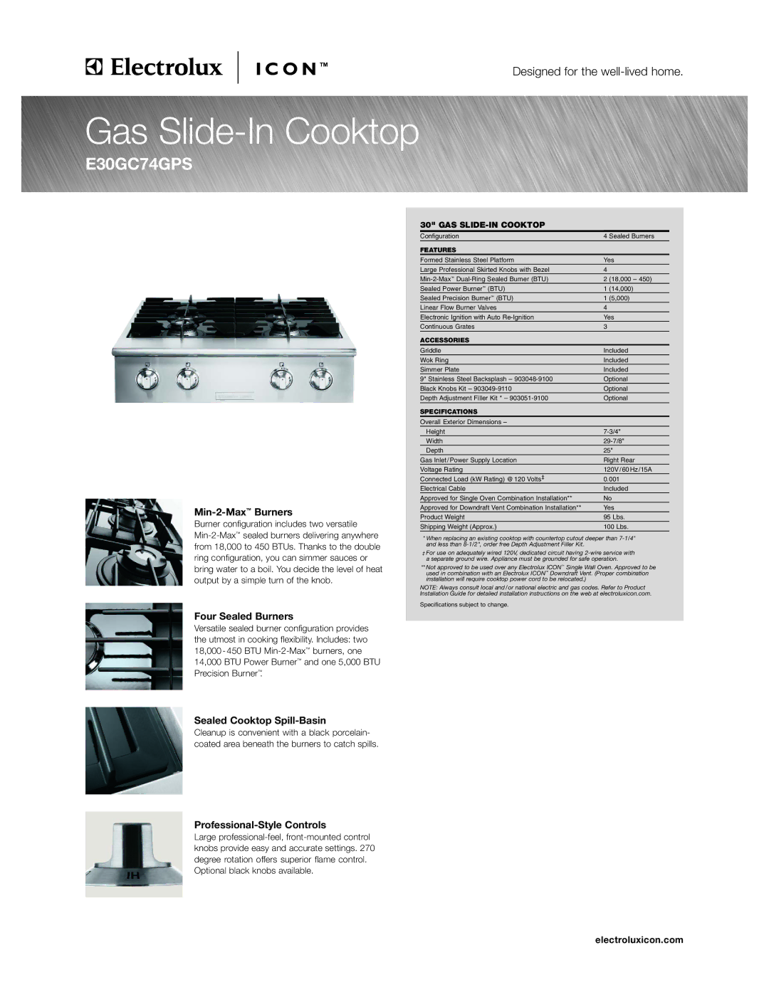 Electrolux E30GC74GPS specifications Min-2-MaxBurners, Four Sealed Burners, Sealed Cooktop Spill-Basin, Electroluxicon.com 