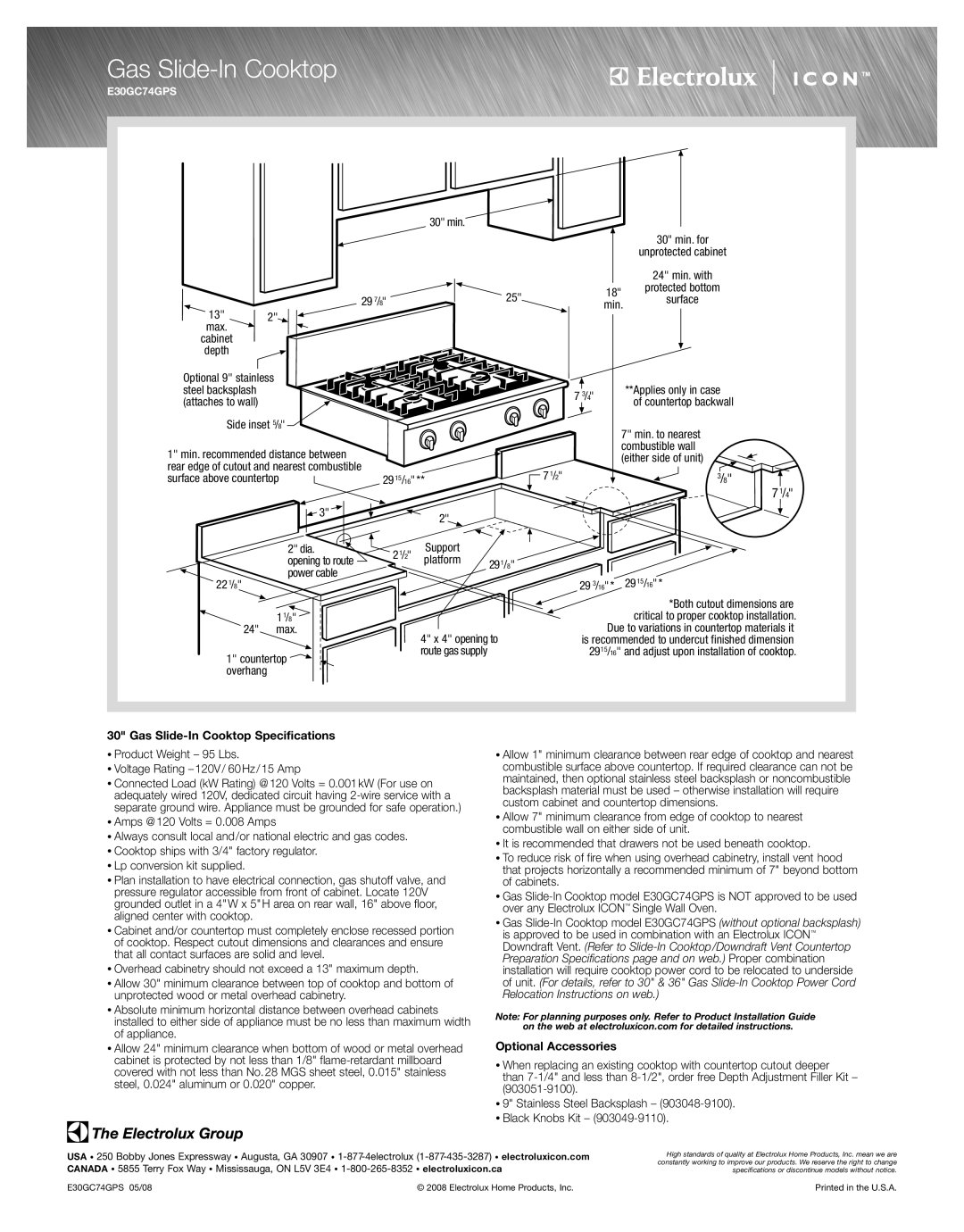 Electrolux E30GC74GPS specifications Gas Slide-In Cooktop Specifications 