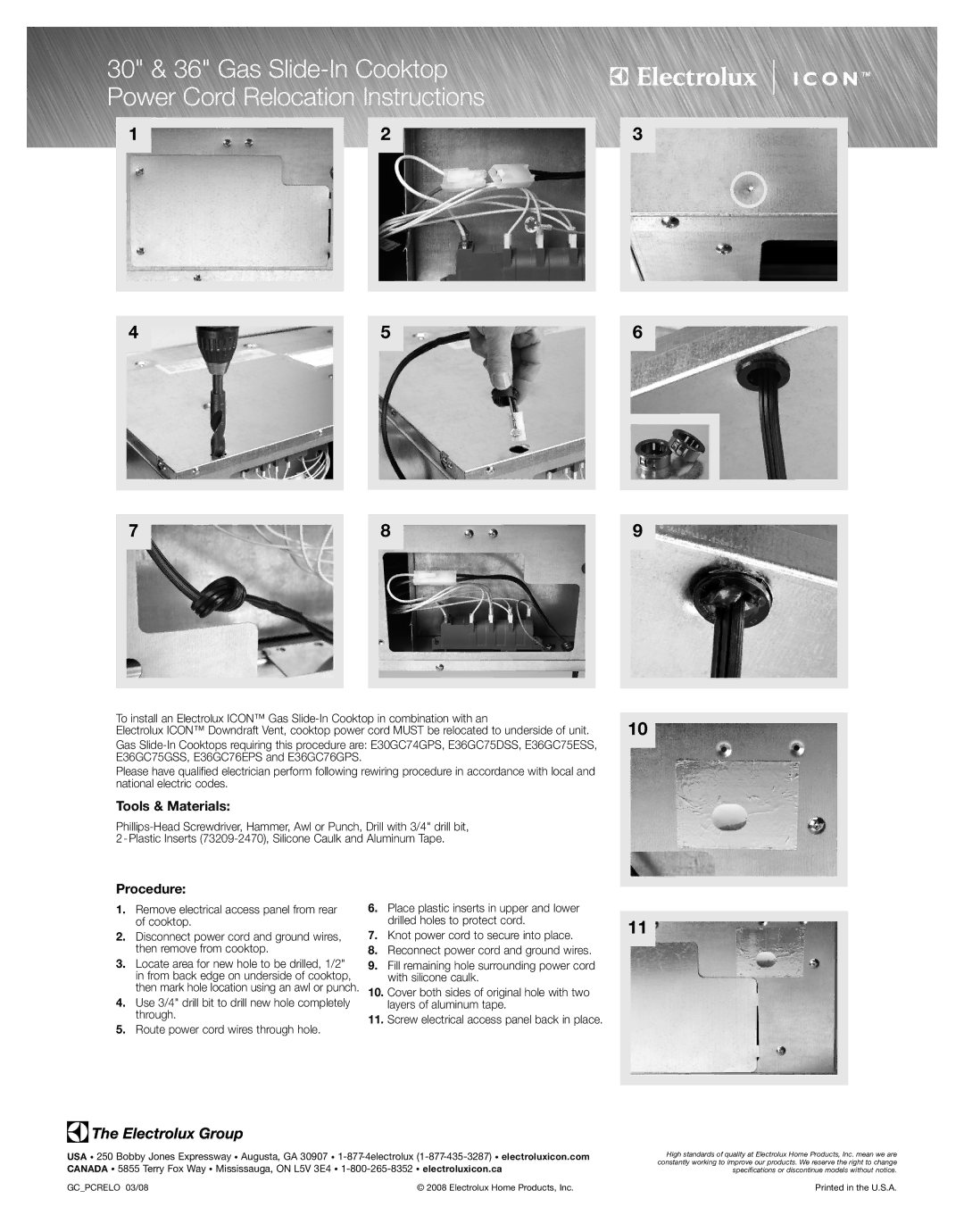 Electrolux E30GC74GPS specifications Tools & Materials, Procedure 