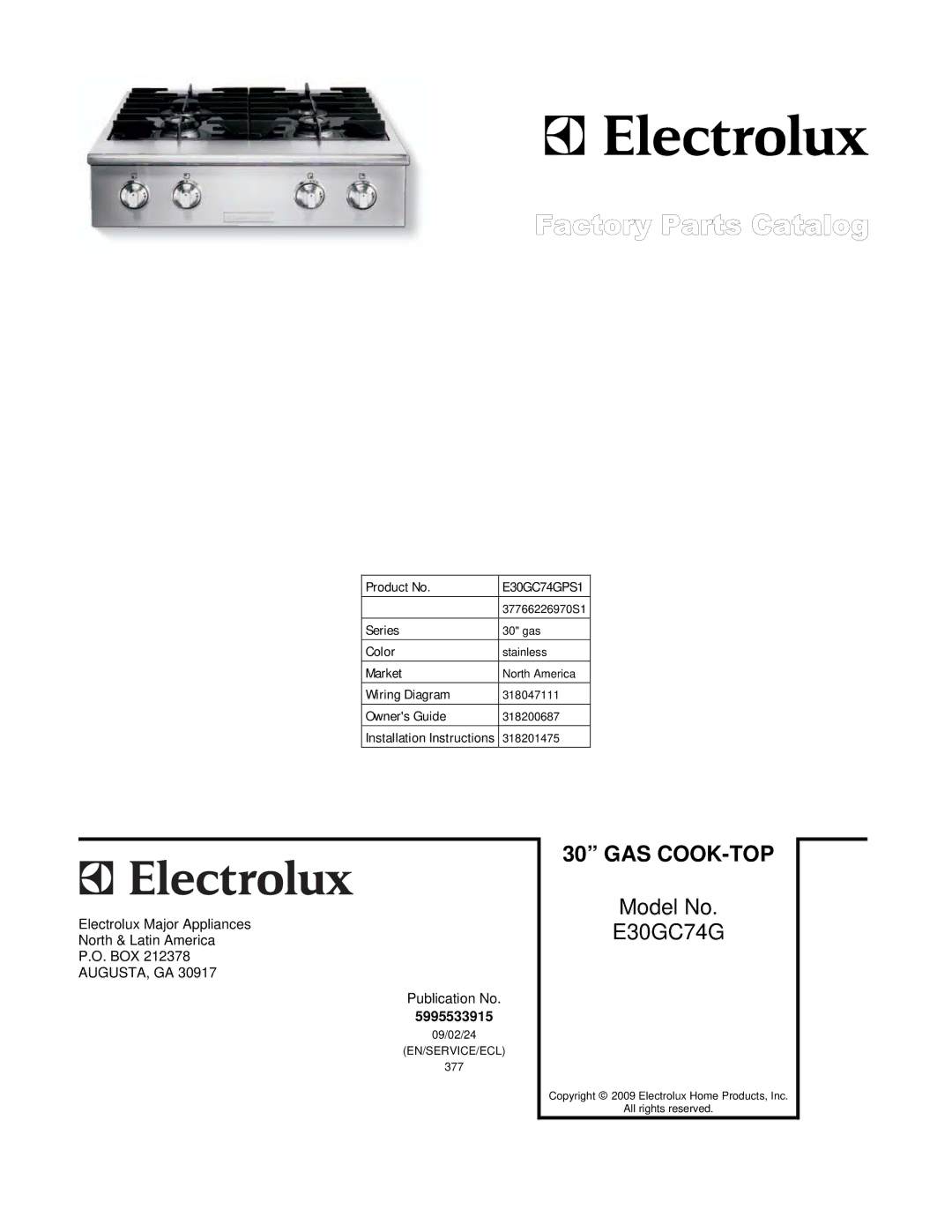 Electrolux 37766226970S1 installation instructions Gas Cook-Top, E30GC74GPS1 