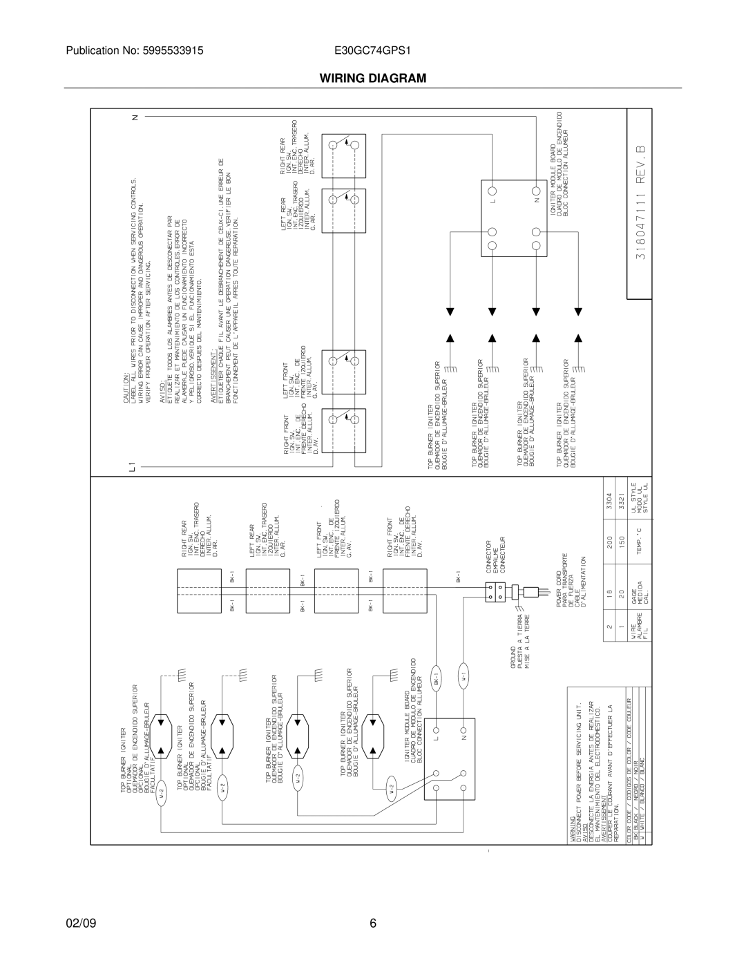 Electrolux E30GC74GPS1, 37766226970S1 installation instructions Wiring Diagram 