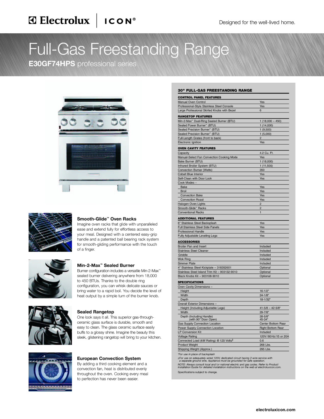 Electrolux E30GF74HPS specifications Smooth-GlideOven Racks, Min-2-MaxSealed Burner, Sealed Rangetop, Electroluxicon.com 