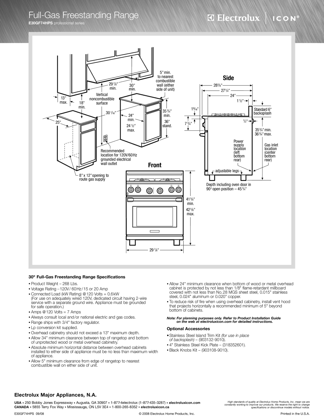 Electrolux E30GF74HPS specifications Full-Gas Freestanding Range Specifications, Optional Accessories 