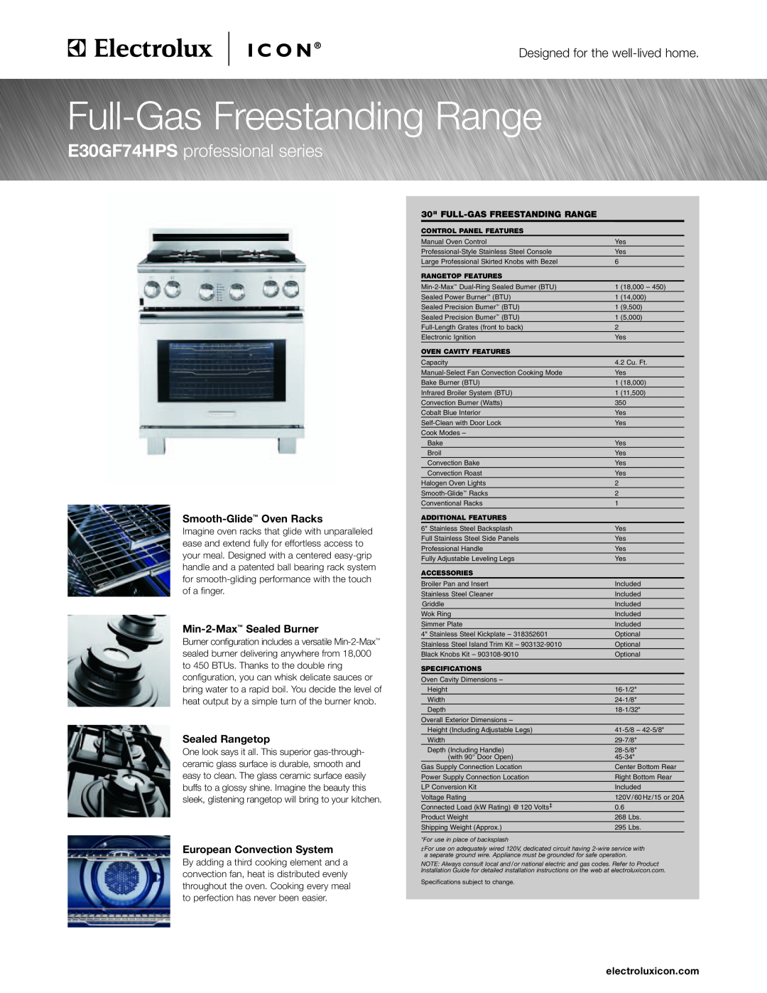 Electrolux E30GF74HPS specifications Smooth-Glide Oven Racks, Min-2-Max Sealed Burner, Sealed Rangetop, electroluxicon.com 