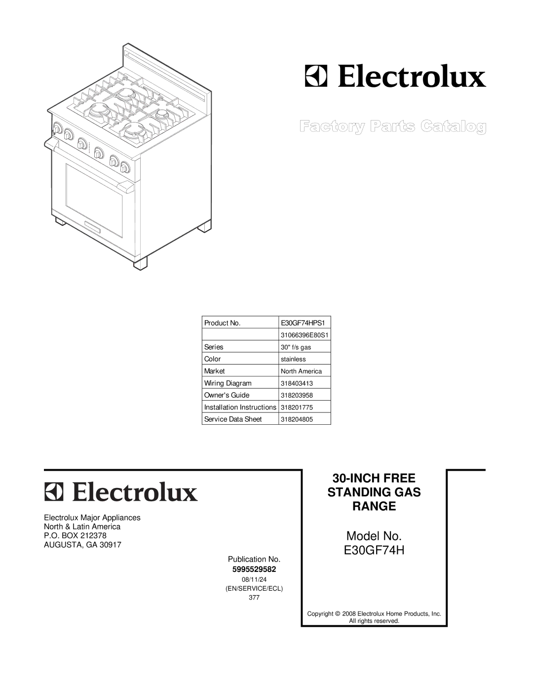 Electrolux E30GF74HPS1, 31066396E80S1 installation instructions Inch Free Standing GAS Range 