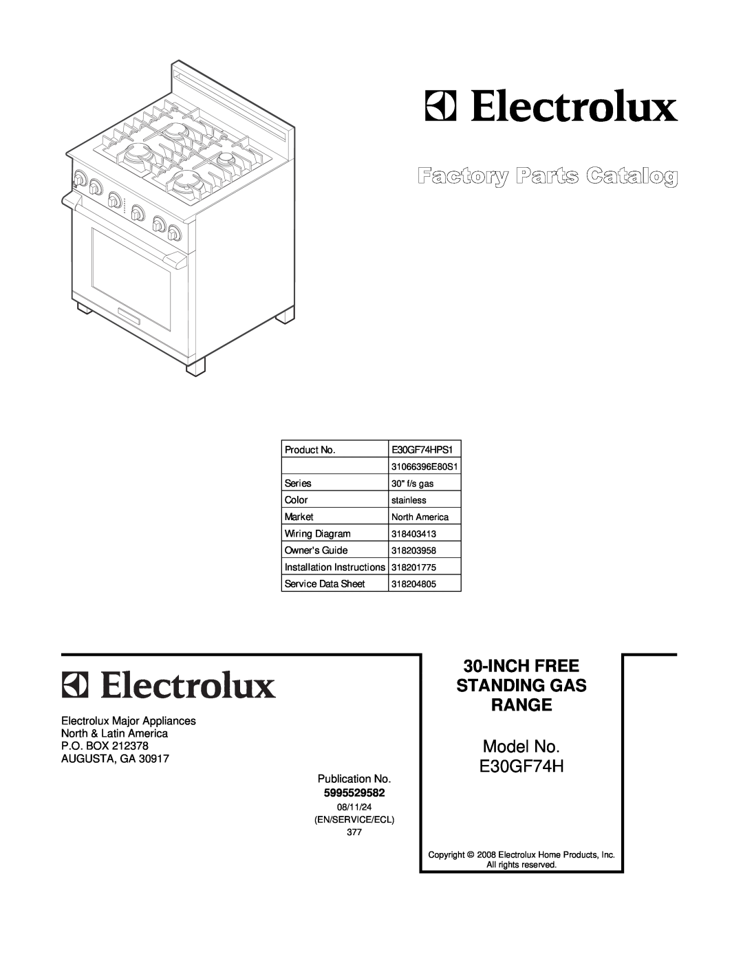 Electrolux E30GF74HPS1, 31066396E80S1 installation instructions Inchfree Standing Gas Range, Model No E30GF74H 