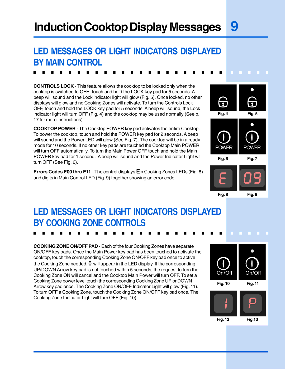 Electrolux E30IC75FSS manual Induction Cooktop Display Messages, LED Messages or Light Indicators Displayed by Main Control 