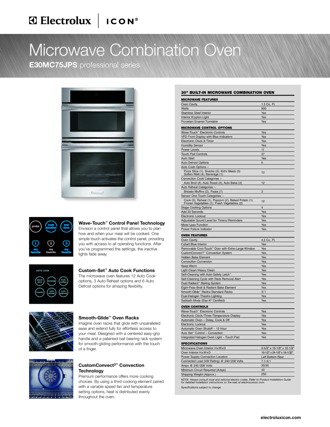 Electrolux E30MC75JPS specifications Wave-TouchControl Panel Technology, Custom-SetAuto Cook Functions, Electroluxicon.com 