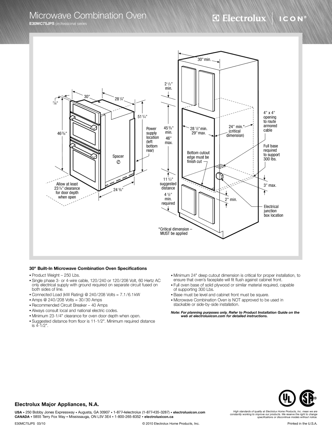 Electrolux E30MC75JPS specifications Built-In Microwave Combination Oven Specifications 