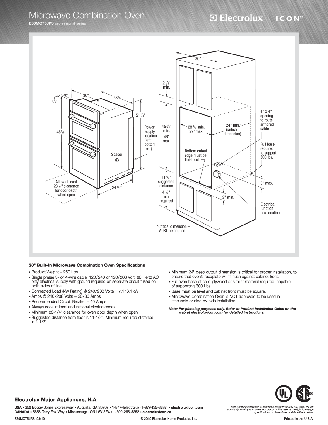 Electrolux E30MC75JPS specifications Built-In Microwave Combination Oven Specifications, Electrolux Major Appliances, N.A 
