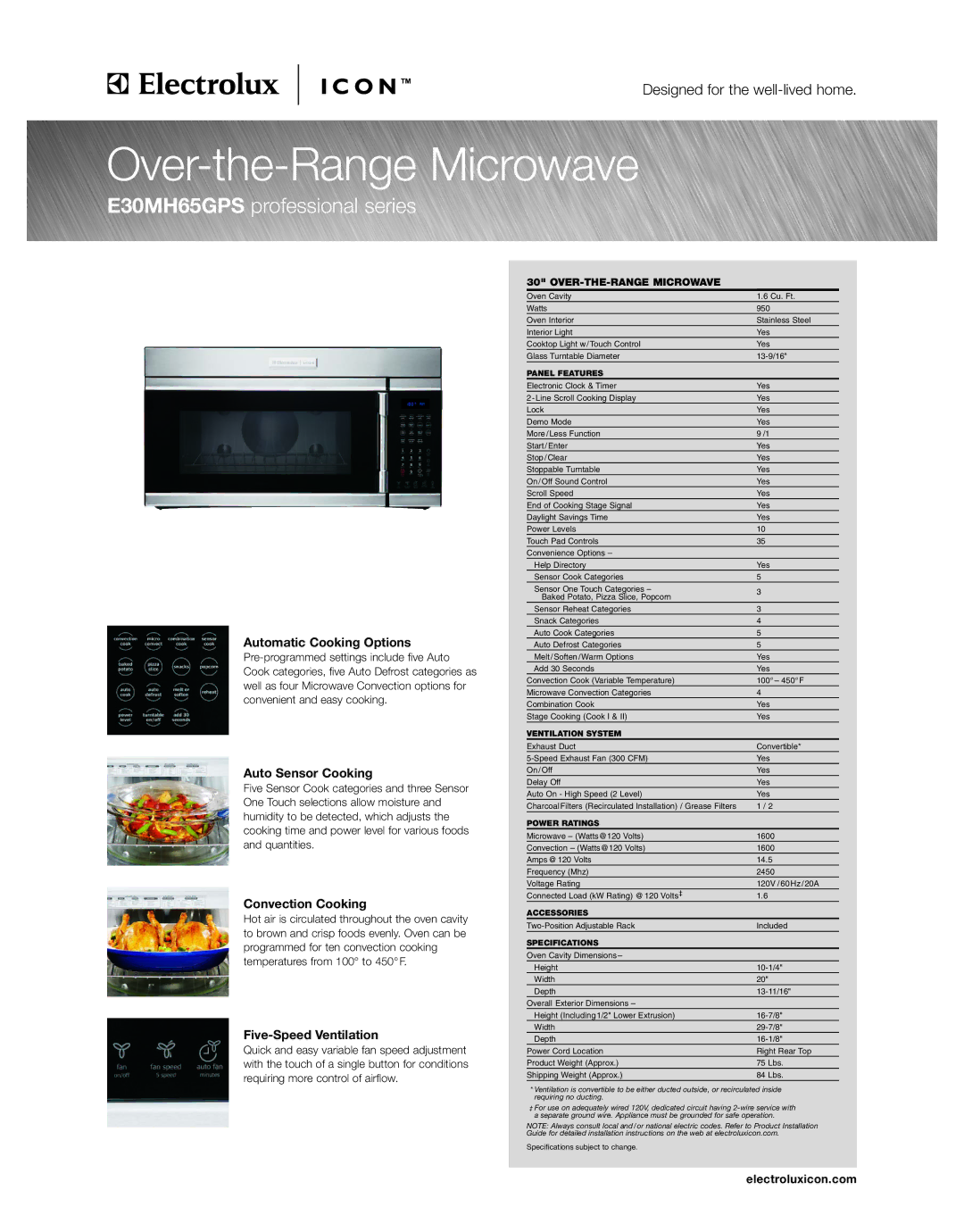 Electrolux E30MH65GPS specifications Automatic Cooking Options, Auto Sensor Cooking, Convection Cooking 