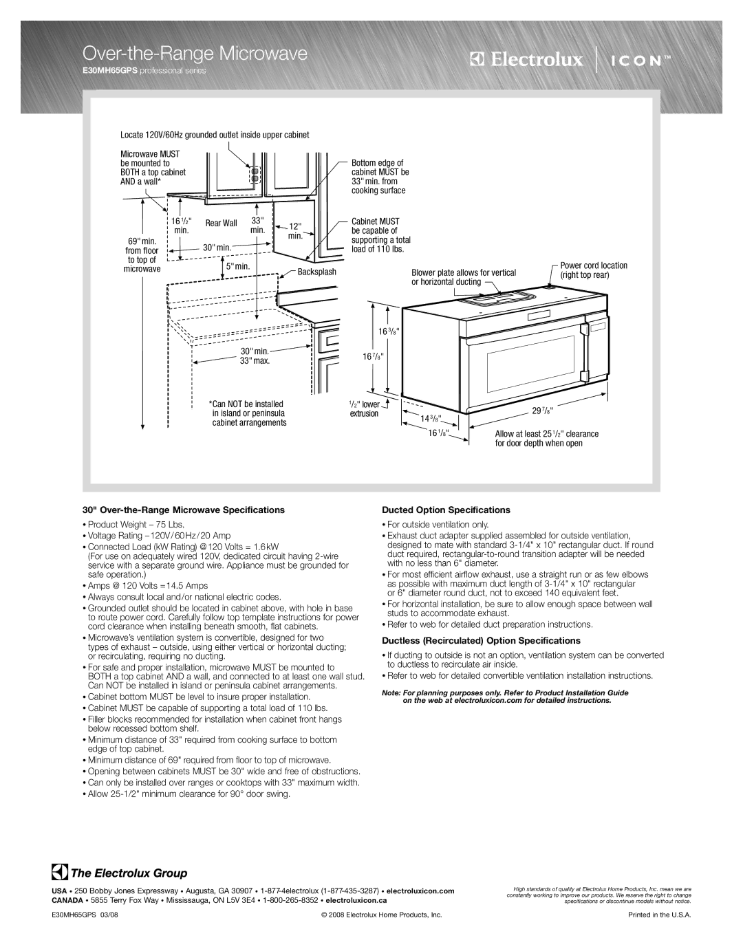 Electrolux E30MH65GPS specifications Over-the-Range Microwave Specifications, Ducted Option Specifications 