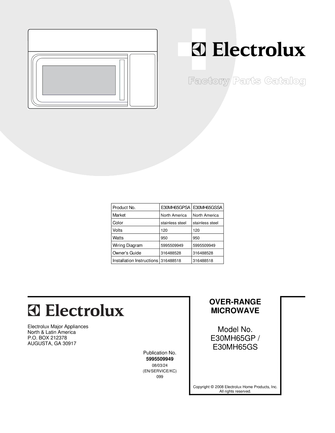 Electrolux E30MH65GPSA, E30MH65GSSA installation instructions Over-Range 