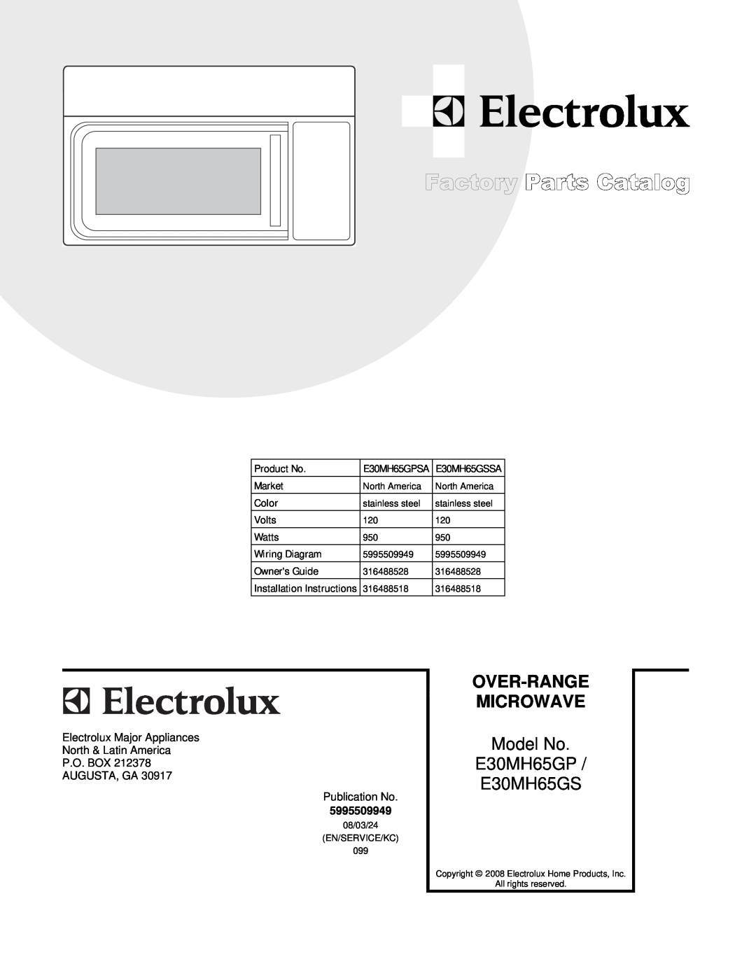 Electrolux E30MH65GPSA installation instructions Product No, Market, Color, Volts, Watts, Wiring Diagram, Owners Guide 