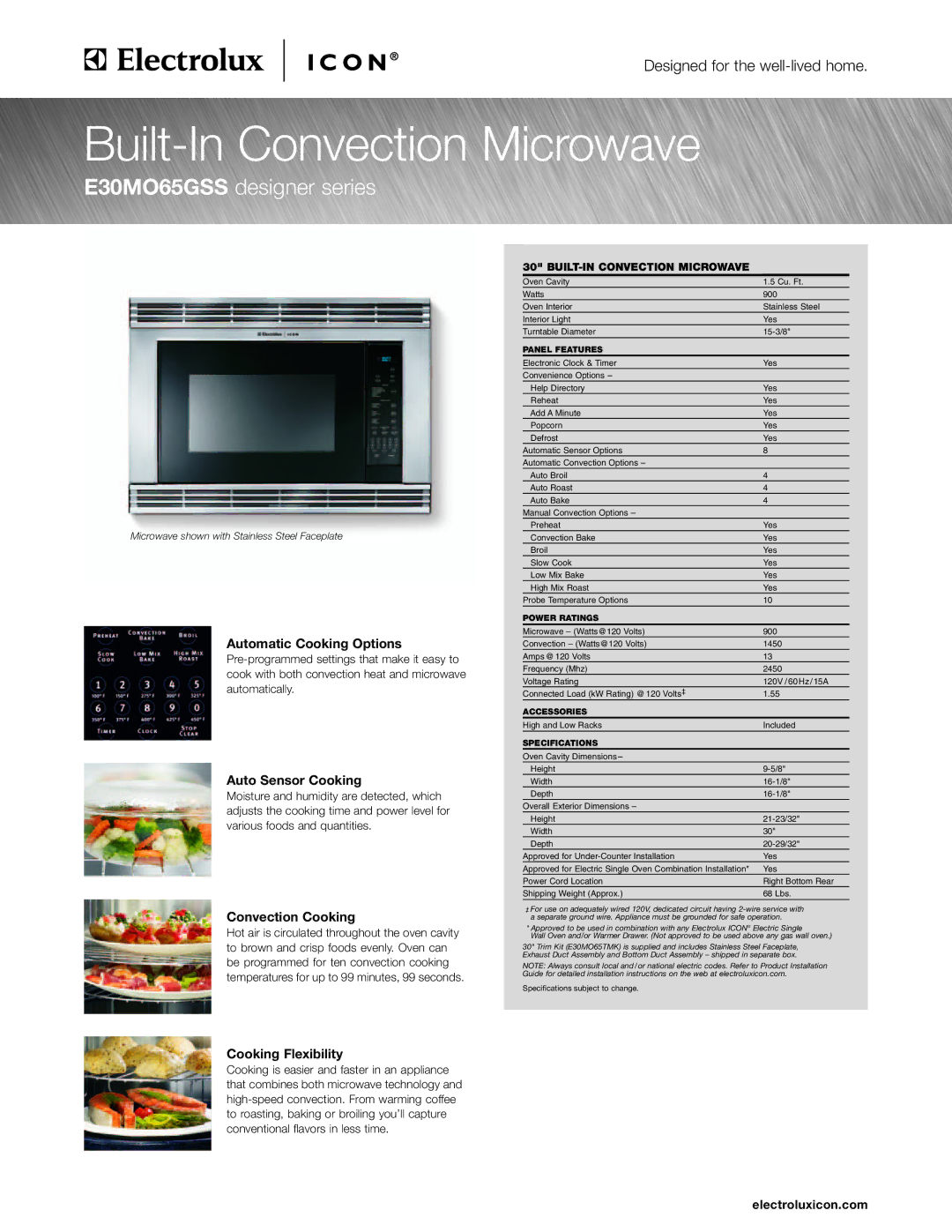 Electrolux E30WD75GTT, E30WD75GSS specifications E30MO65GSS designer series 