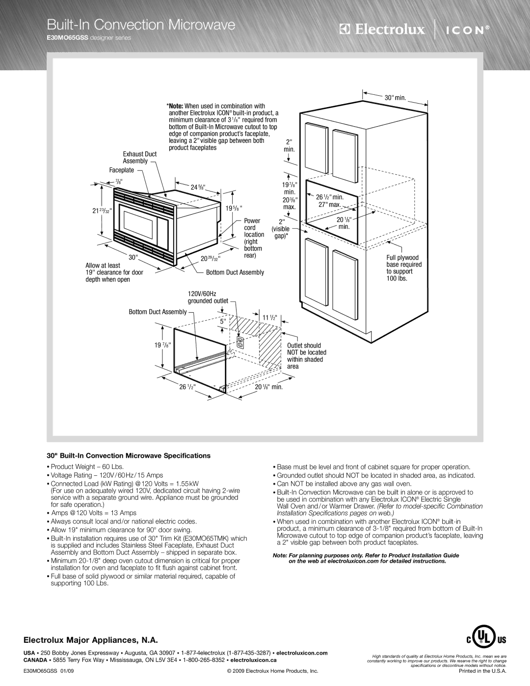 Electrolux E30WD75GSS, E30MO65GSS, E30WD75GTT specifications Built-In Convection Microwave Specifications 