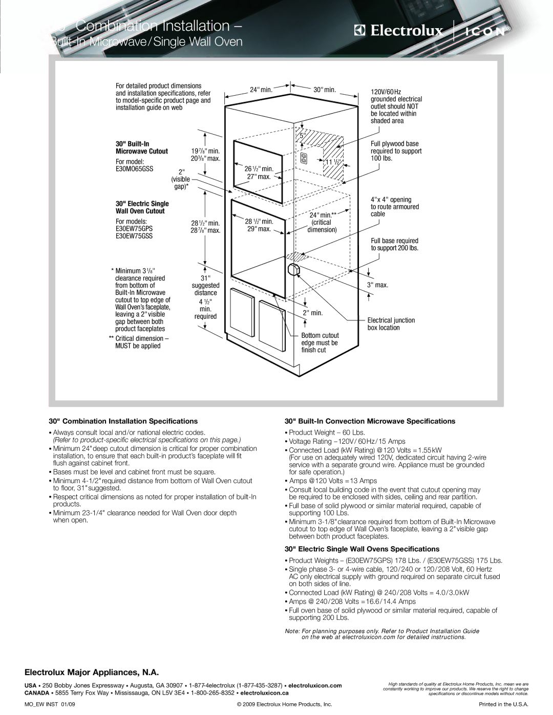 Electrolux E30MO65GSS, E30WD75GTT, E30WD75GSS Built-In Microwave/Single Wall Oven, Combination Installation Specifications 