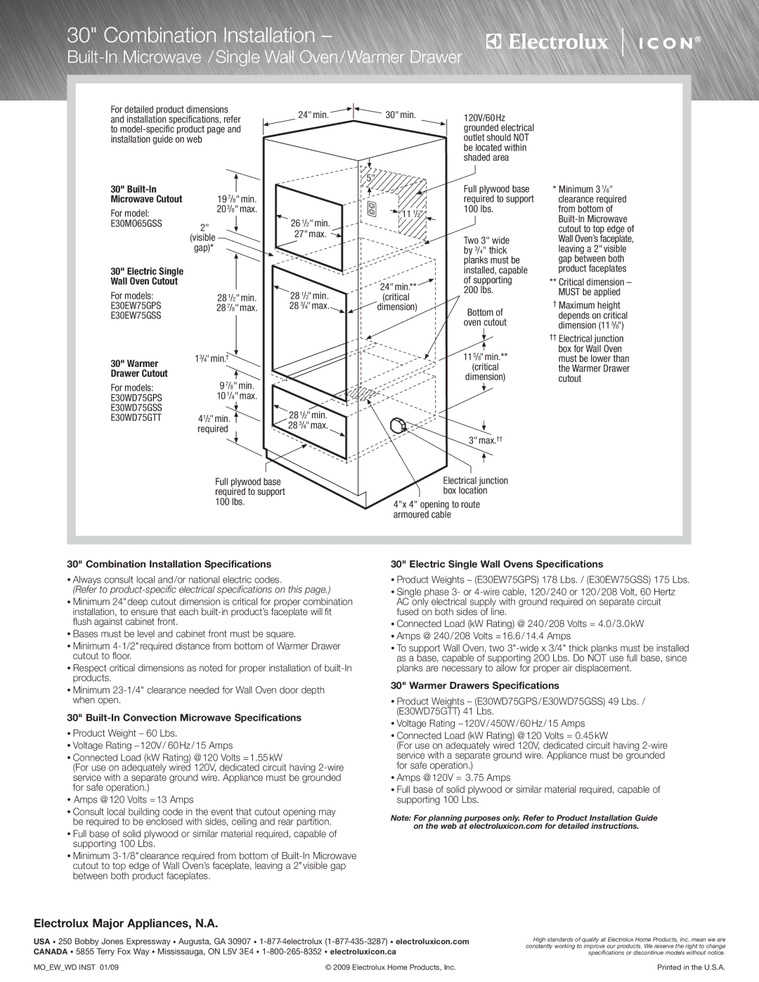 Electrolux E30WD75GTT Built-In Microwave /Single Wall Oven/Warmer Drawer, Drawer Cutout, Warmer Drawers Specifications 