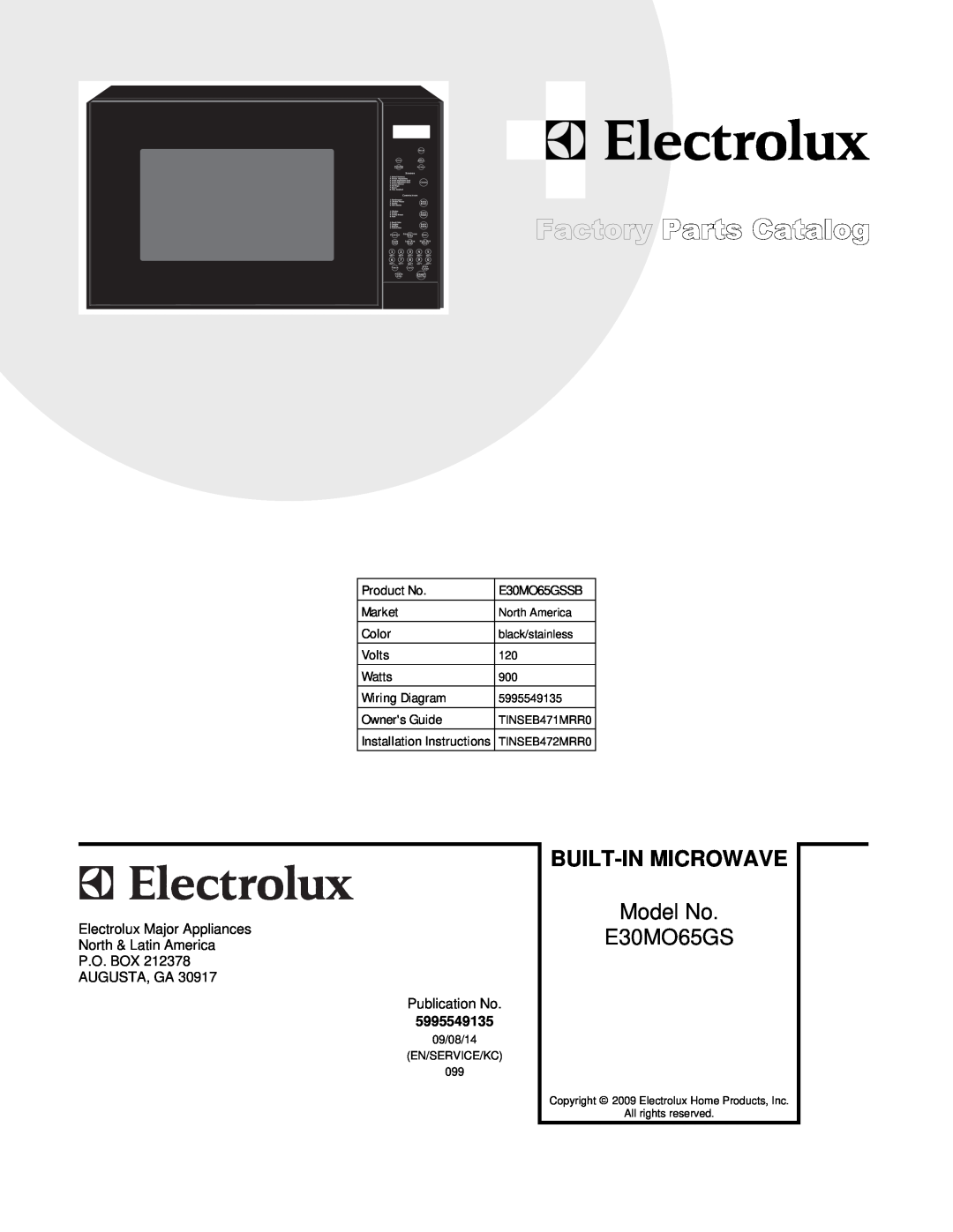 Electrolux E30MO65GSSB installation instructions Built-In Microwave, Model No, Electrolux Major Appliances, P.O. Box 