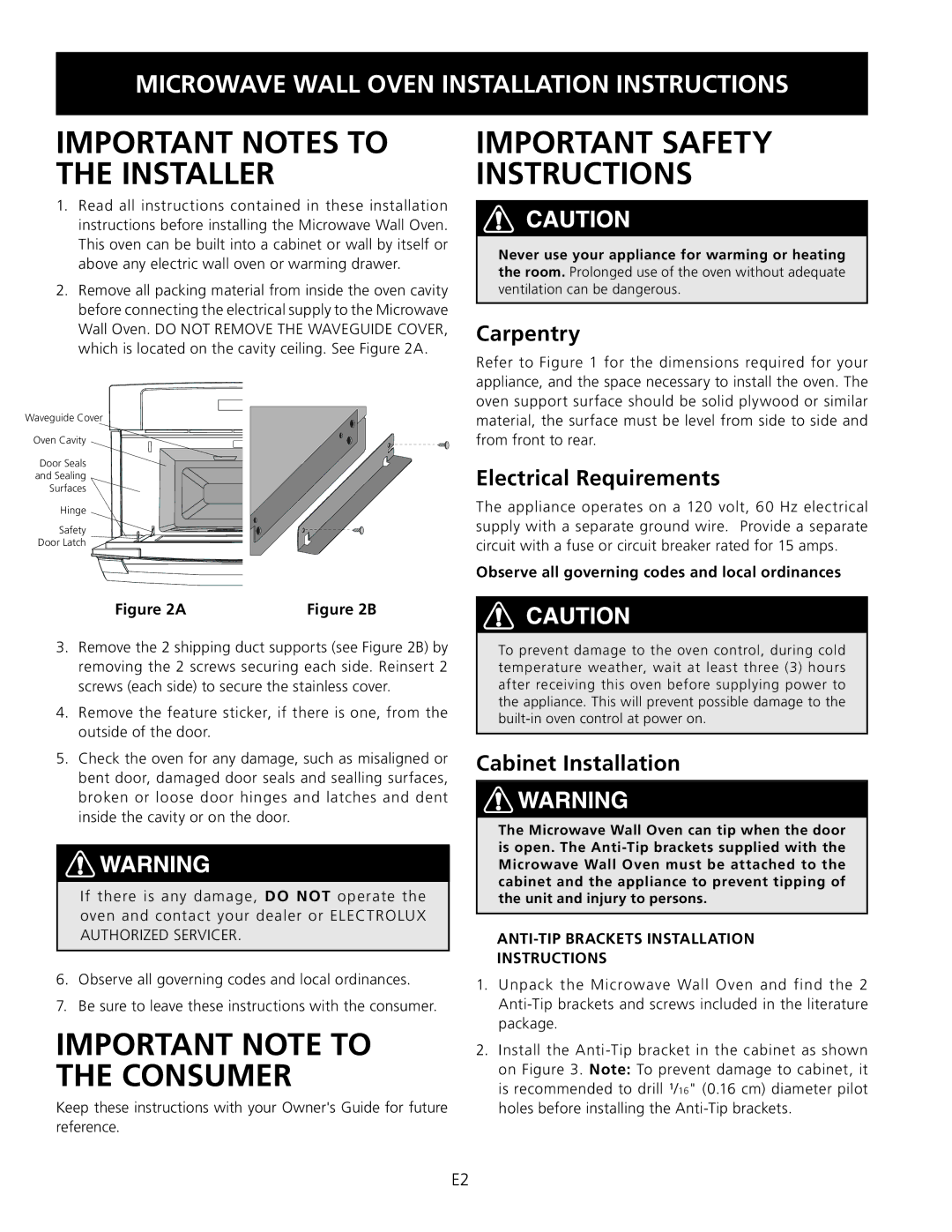 Electrolux E30MO75HPS dimensions Carpentry, Electrical Requirements, Cabinet Installation 