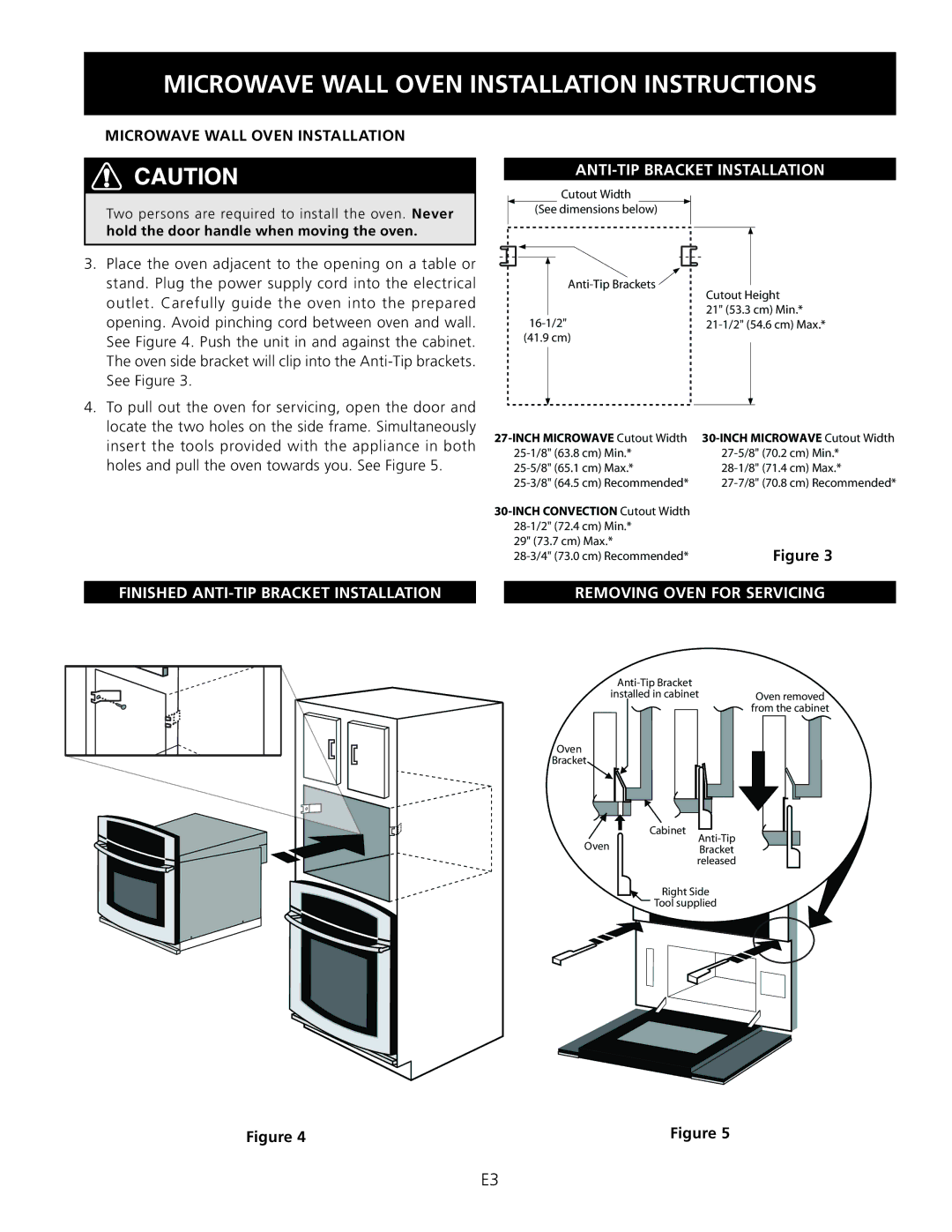 Electrolux E30MO75HPS dimensions Microwave Wall Oven Installation, Anti-tip bracket installation 