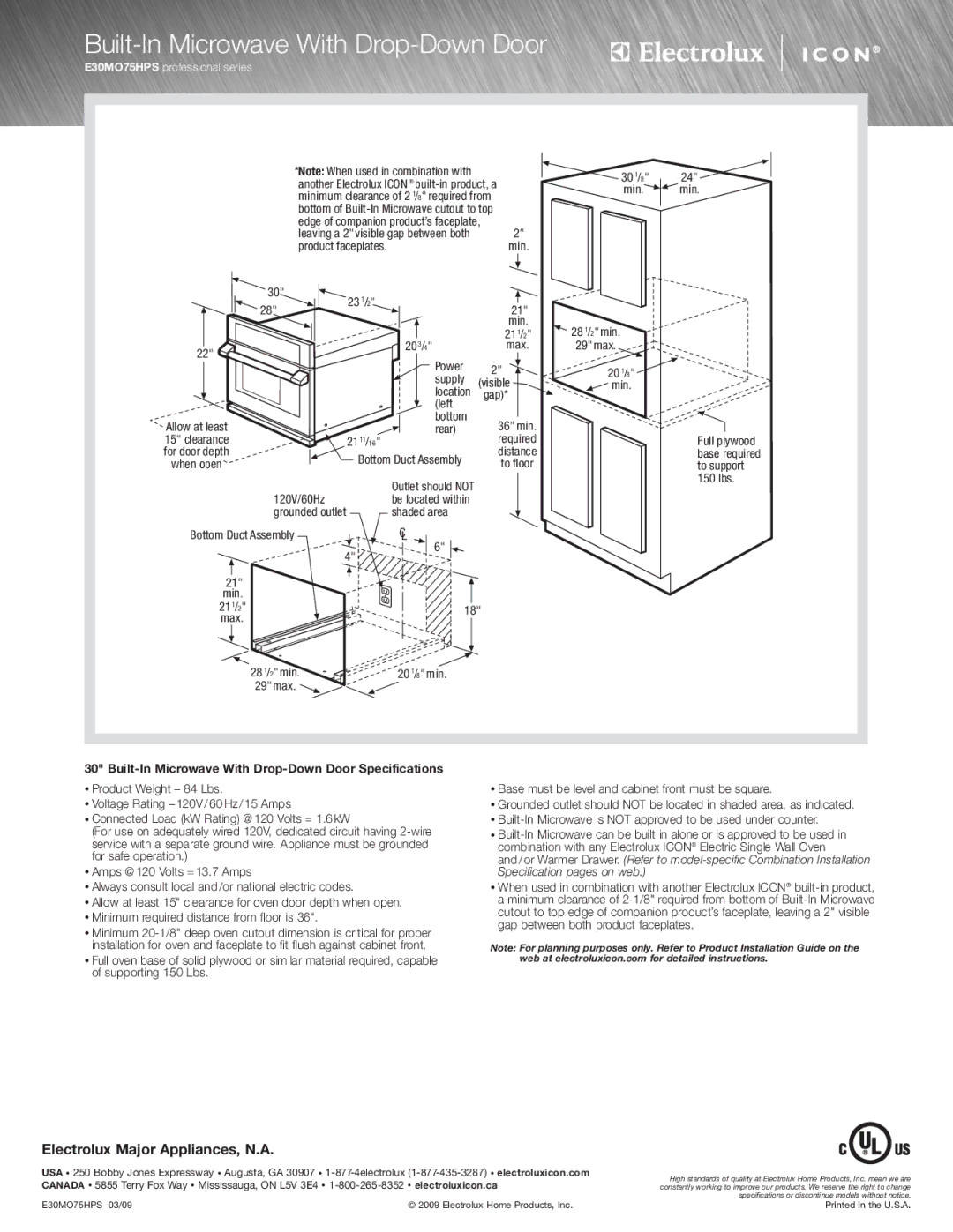 Electrolux E30MO75HPS specifications Built-In Microwave With Drop-Down Door Specifications 