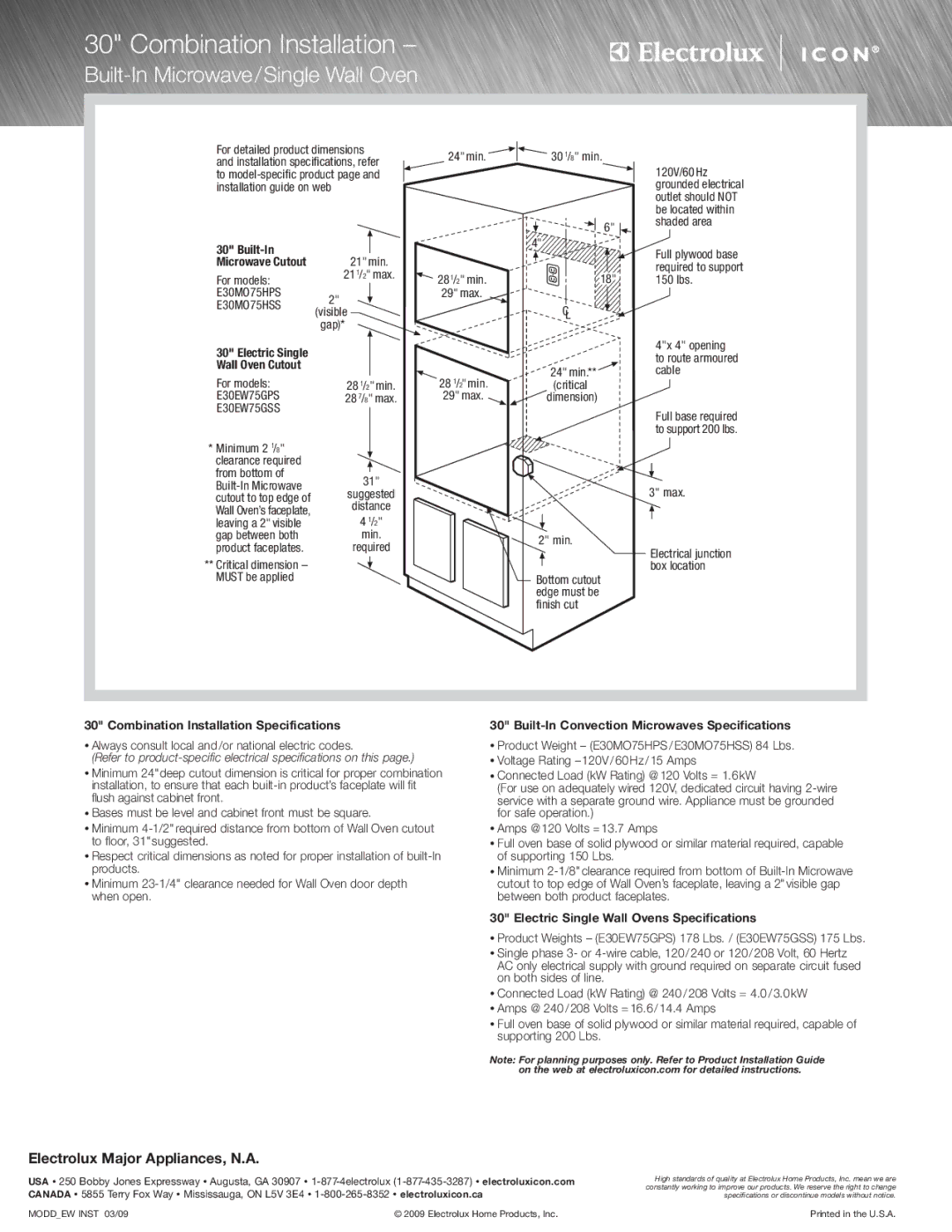 Electrolux E30MO75HPS specifications Built-In Microwave/Single Wall Oven, Combination Installation Specifications 