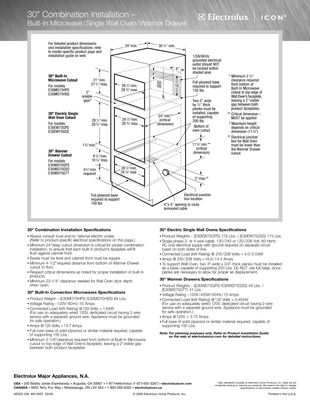 Electrolux E30MO75HPS specifications Built-In Microwave/Single Wall Oven/Warmer Drawer, Warmer Drawer Cutout 