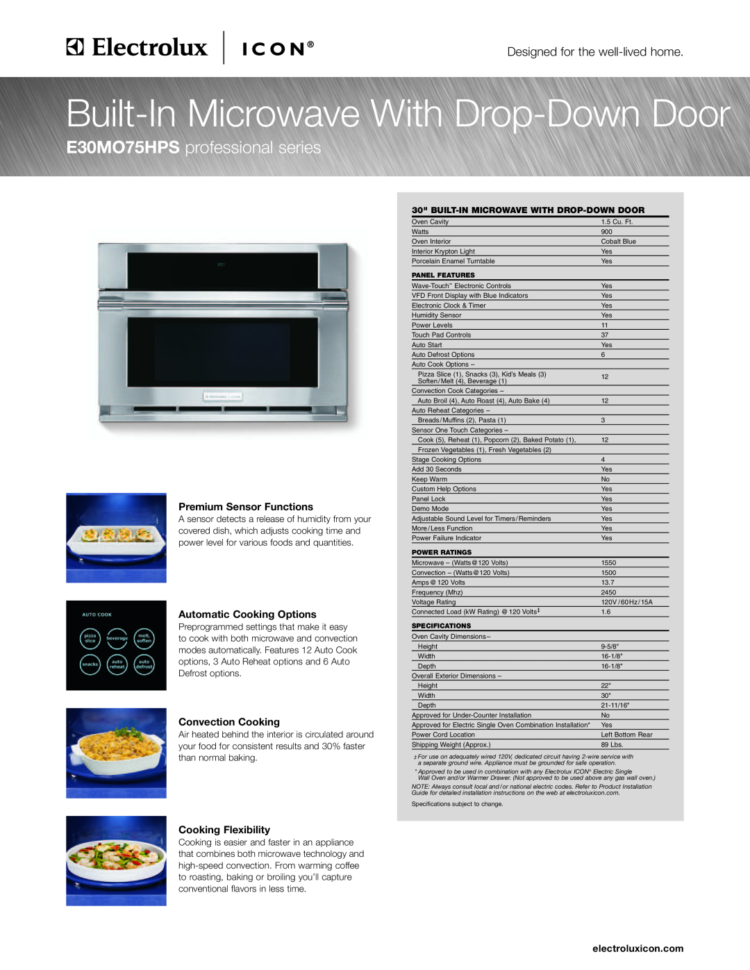 Electrolux specifications E30MO75HPS professional series, Premium Sensor Functions, Automatic Cooking Options 