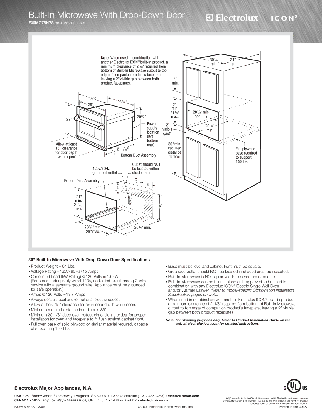 Electrolux E30MO75HSS specifications Built-In Microwave With Drop-Down Door Specifications 