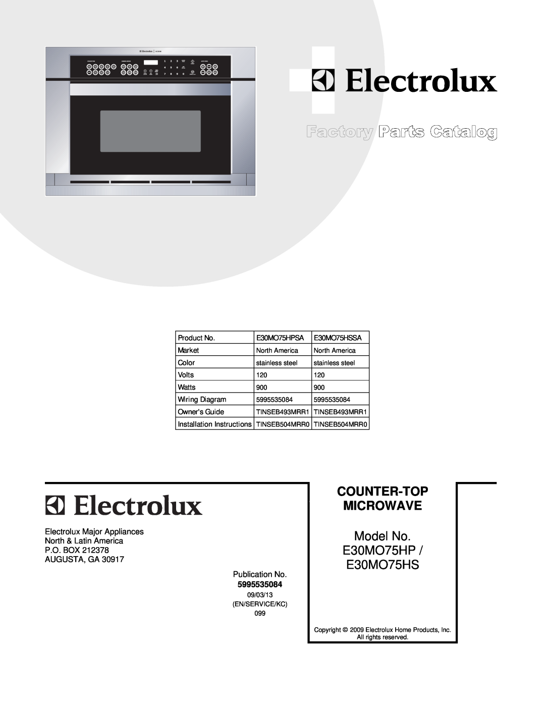 Electrolux E30MO75HSSA installation instructions Counter-Top, Microwave, Model No, E30MO75HP, E30MO75HSS Wiring.eps 