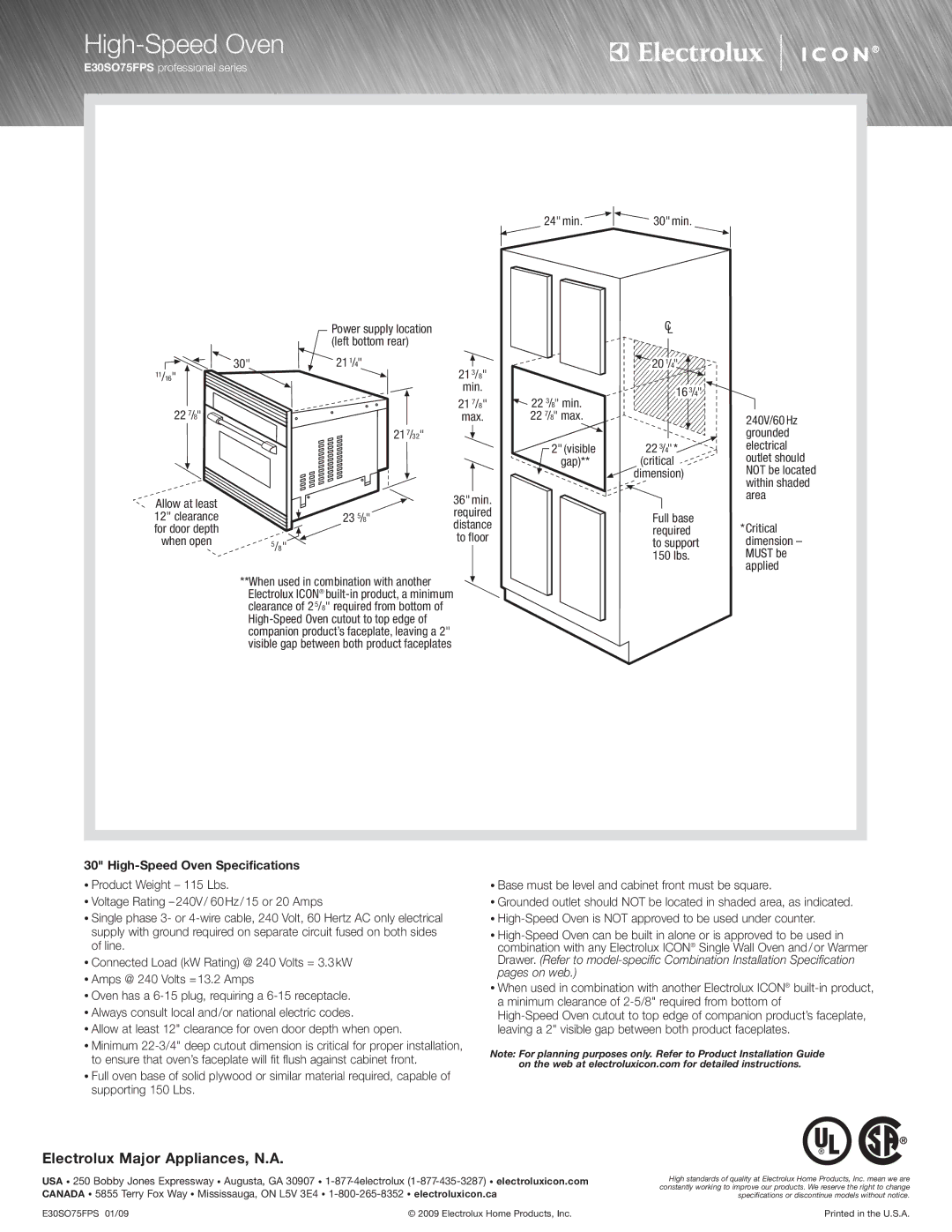 Electrolux E30SO75ESS, E30SO75FPS specifications High-Speed Oven Specifications 