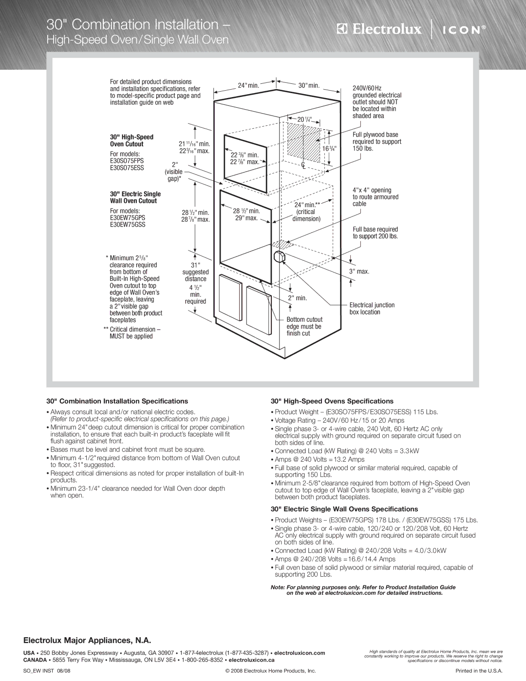 Electrolux E30SO75FPS, E30SO75ESS specifications High-Speed Oven/Single Wall Oven, Combination Installation Specifications 