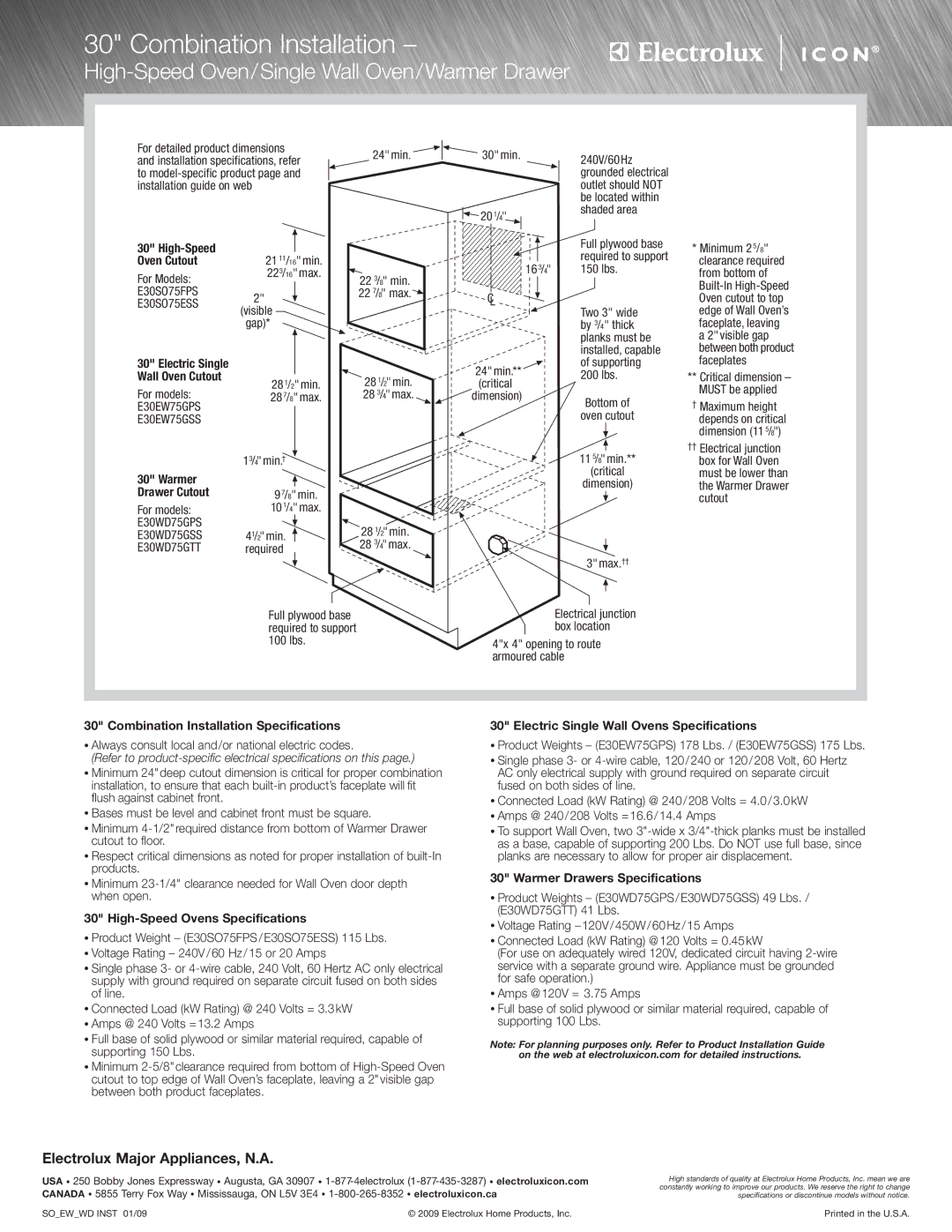 Electrolux E30SO75ESS High-Speed Oven/Single Wall Oven/Warmer Drawer, High-Speed Oven Cutout, Warmer Drawer Cutout 