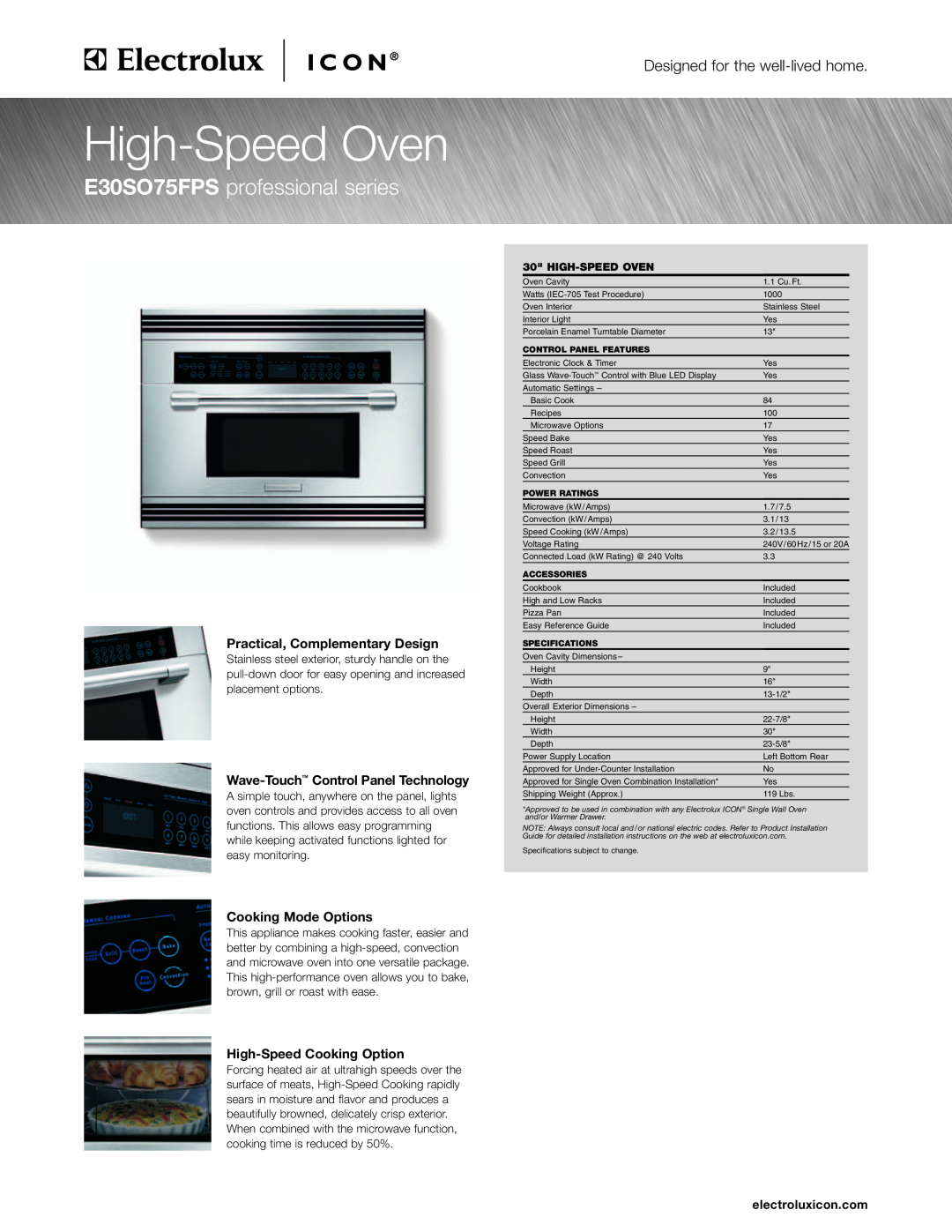 Electrolux specifications E30SO75FPS professional series, Practical, Complementary Design, Cooking Mode Options 