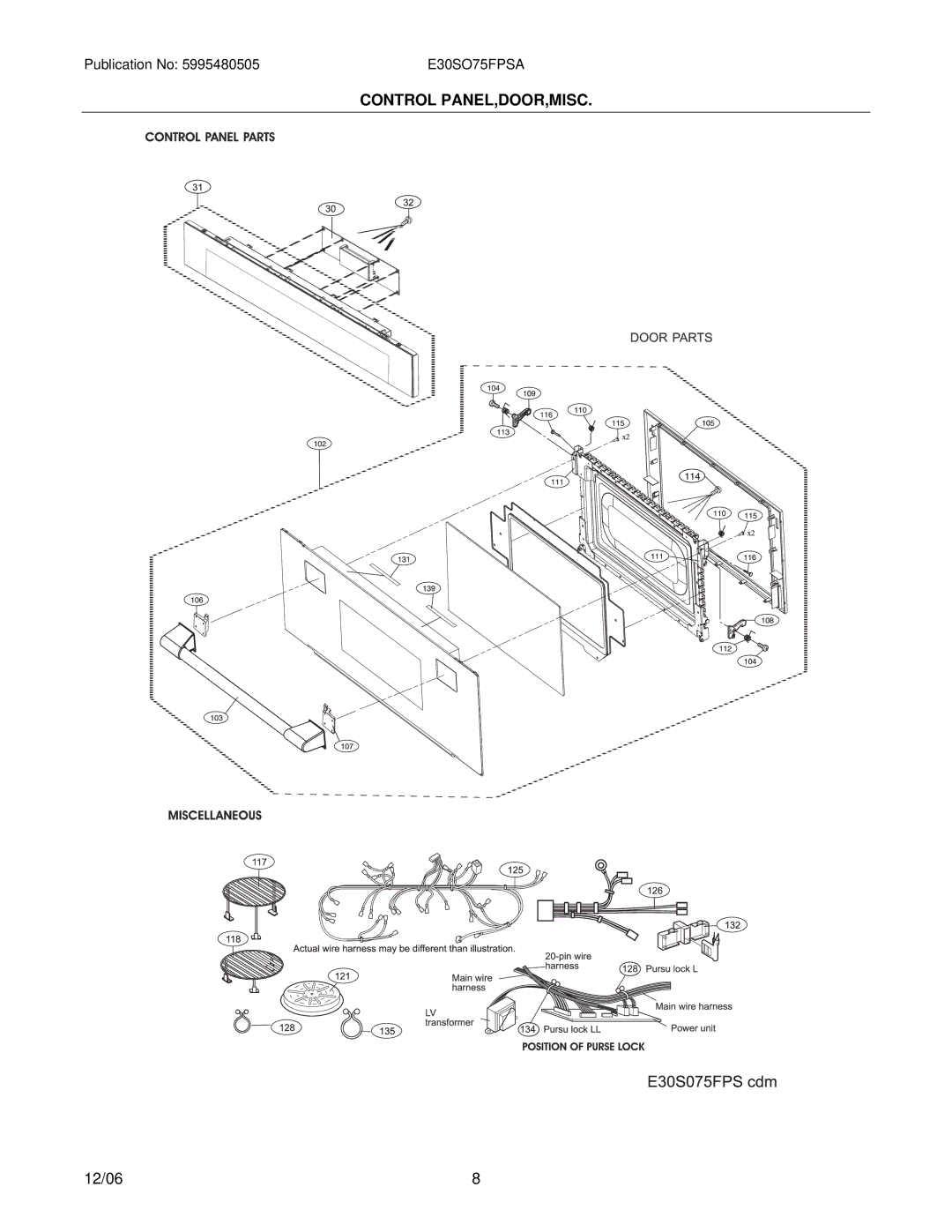 Electrolux E30SO75FP installation instructions Control PANEL,DOOR,MISC 