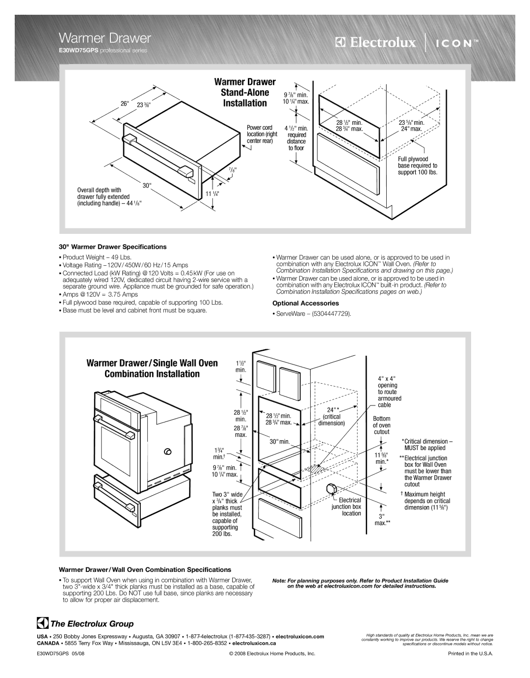 Electrolux E30WD75GPS specifications Warmer Drawer Specifications, Optional Accessories 