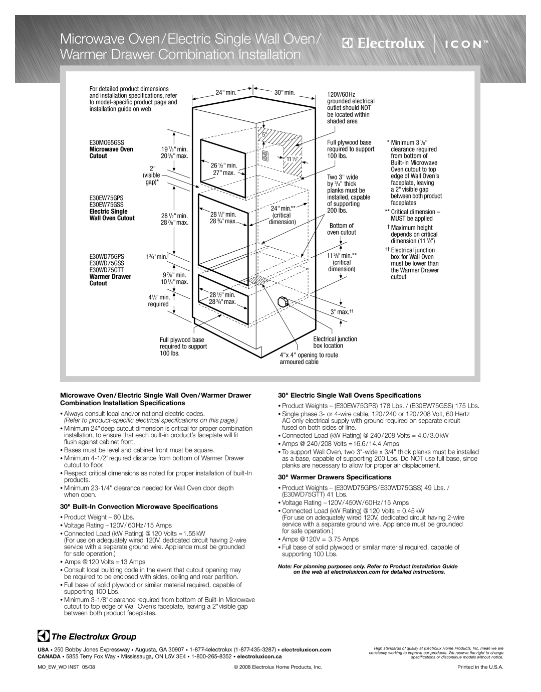 Electrolux E30WD75GPS 41/2min Required 24 min, 28 1/2min 28 3/4max 30 min, Built-In Convection Microwave Specifications 