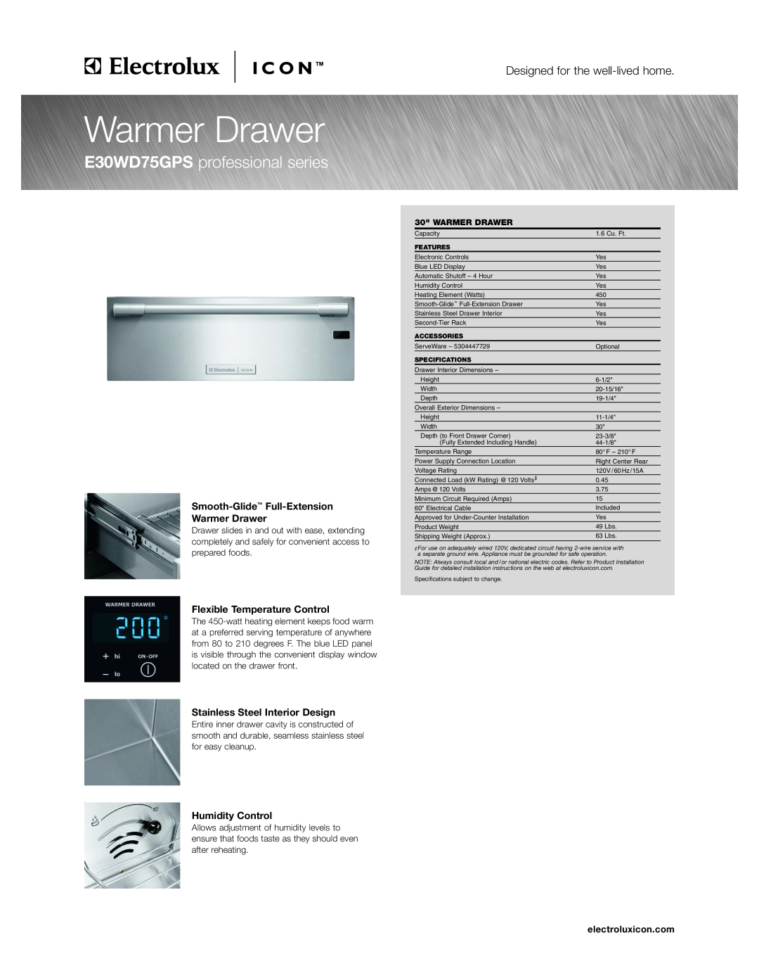 Electrolux E30WD75GPS specifications Smooth-Glide Full-Extension Warmer Drawer, Flexible Temperature Control 
