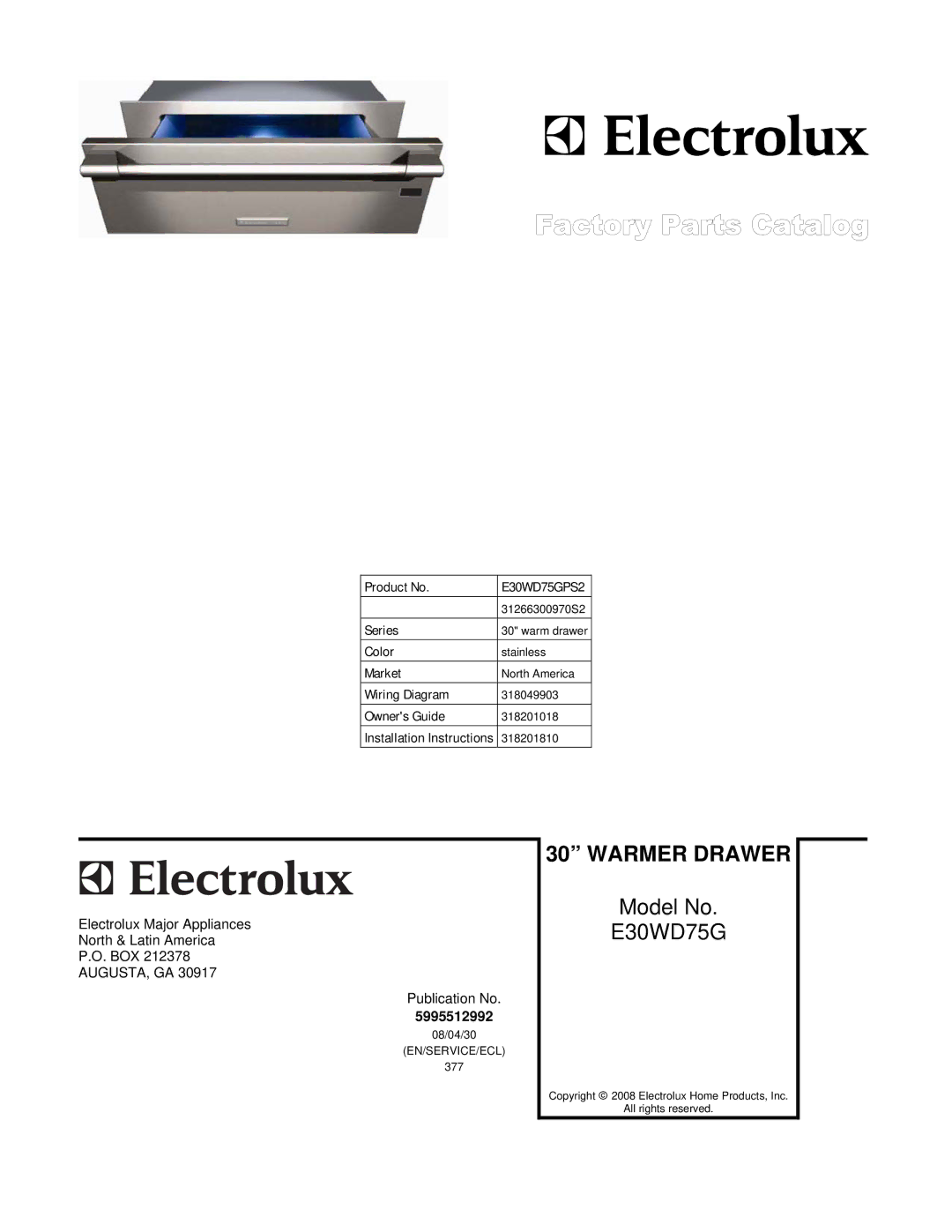 Electrolux 31266300970S2 installation instructions Warmer Drawer, E30WD75GPS2 