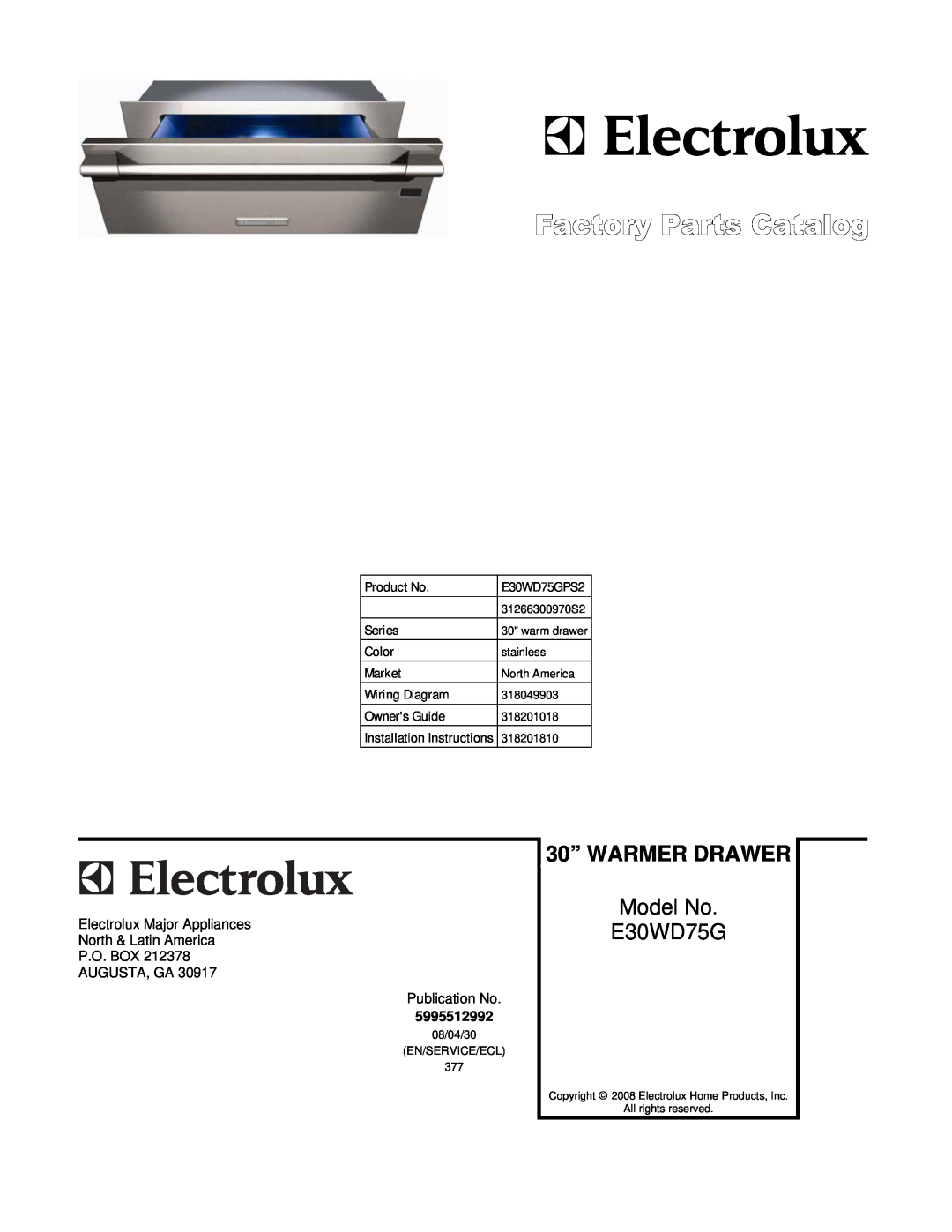 Electrolux E30WD75GPS2, 31266300970S2 installation instructions 30” WARMER DRAWER, Model No E30WD75G 