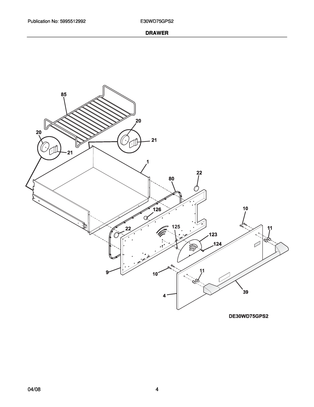 Electrolux 31266300970S2 installation instructions Drawer, 04/08, E30WD75GPS2 
