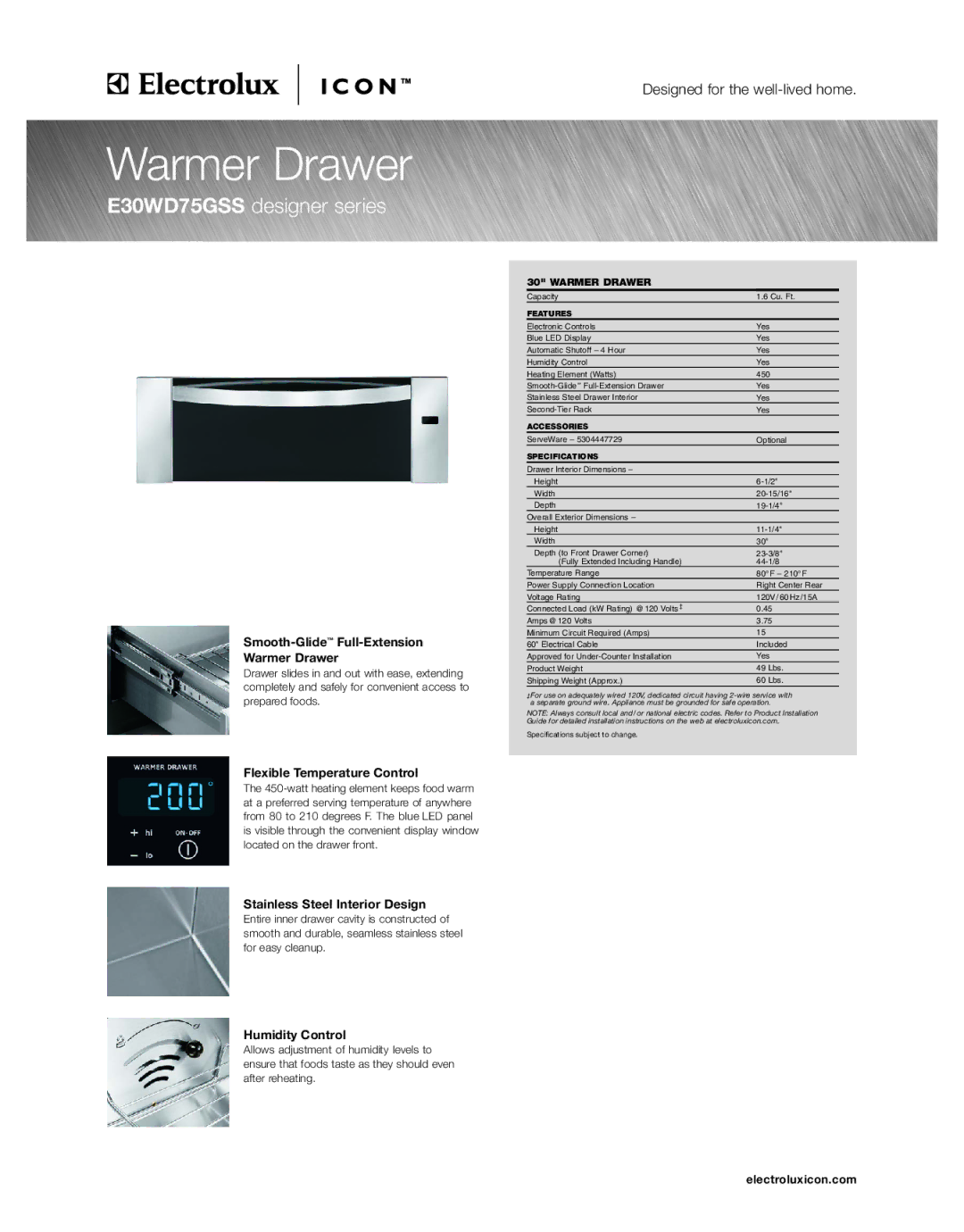 Electrolux E30WD75GSS specifications Smooth-GlideFull-Extension Warmer Drawer, Flexible Temperature Control 