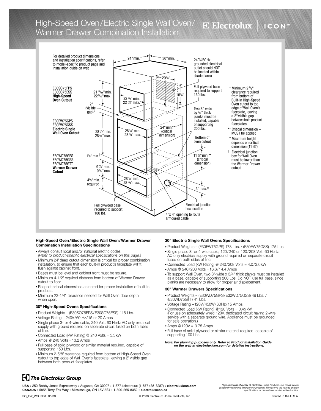 Electrolux E30WD75GSS Oven Cutout, Electric Single, High-Speed Ovens Specifications, Warmer Drawers Specifications 