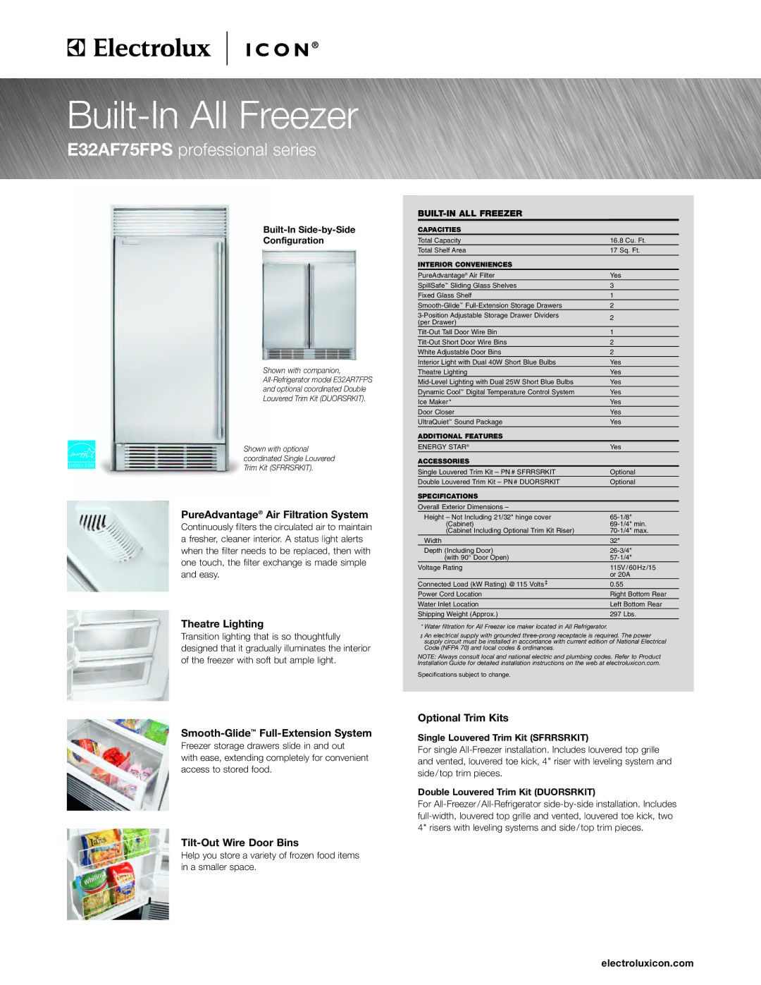 Electrolux E32AF75FPS specifications PureAdvantage Air Filtration System, Theatre Lighting, Tilt-Out Wire Door Bins 